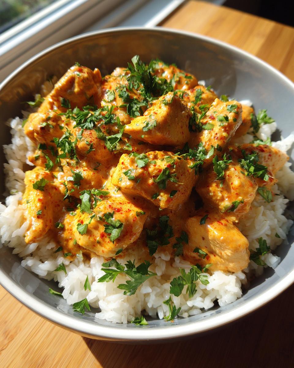 A bowl of fluffy white rice topped with tender chicken pieces in a rich, creamy Cajun sauce, garnished with fresh parsley.