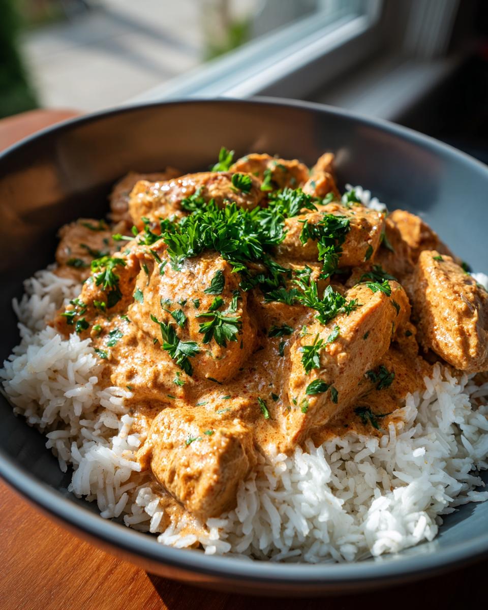 A close-up of a bowl filled with fluffy white rice and topped with tender pieces of chicken in a rich, creamy Cajun sauce, garnished with fresh parsley.