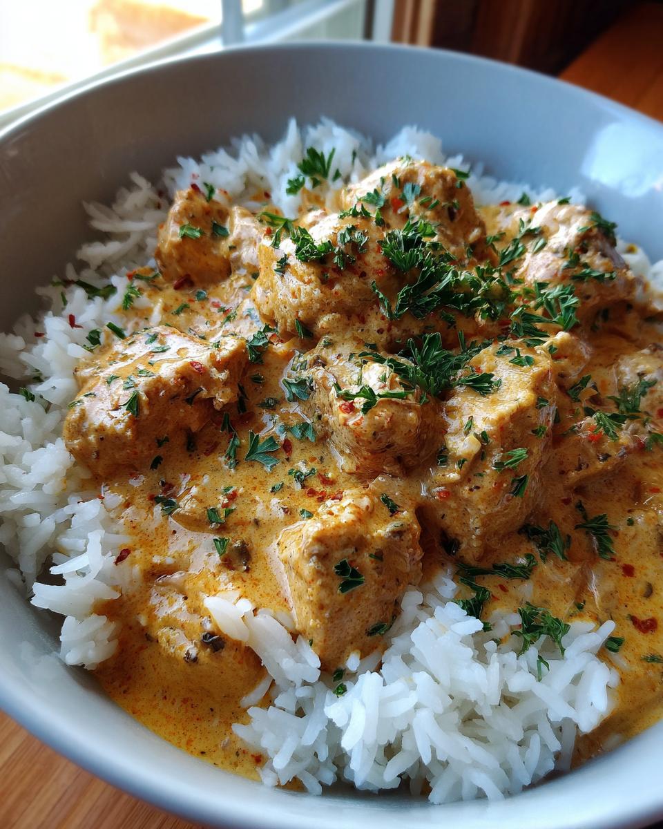 A close-up of a bowl filled with fluffy white rice topped with tender chicken pieces in a rich, creamy Cajun sauce, garnished with fresh parsley.