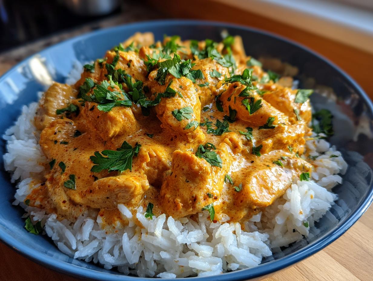 A close-up of a blue bowl filled with white rice topped with creamy Cajun chicken and garnished with fresh parsley.