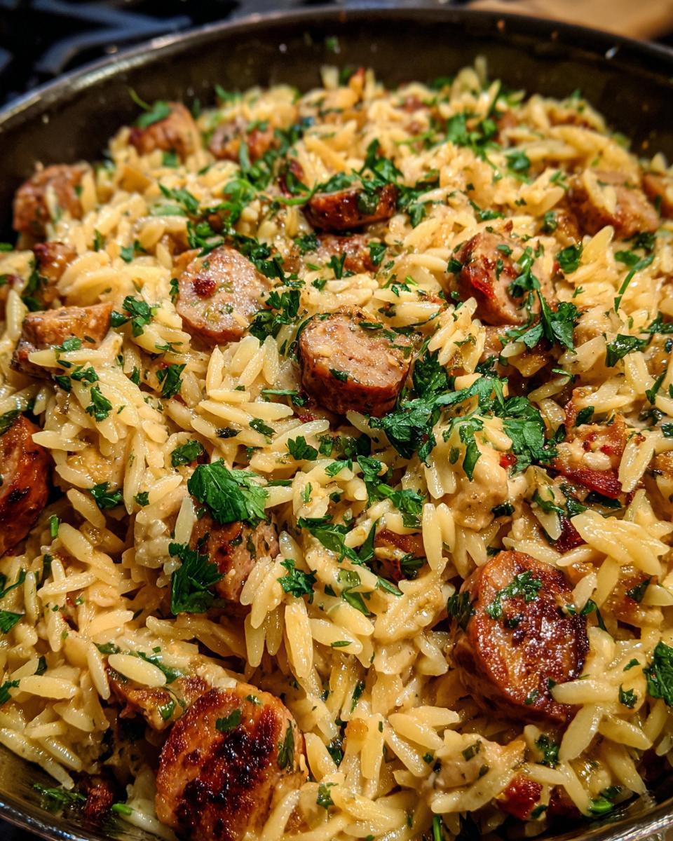 Close-up of a pan filled with creamy chicken sausage orzo, garnished with fresh parsley.