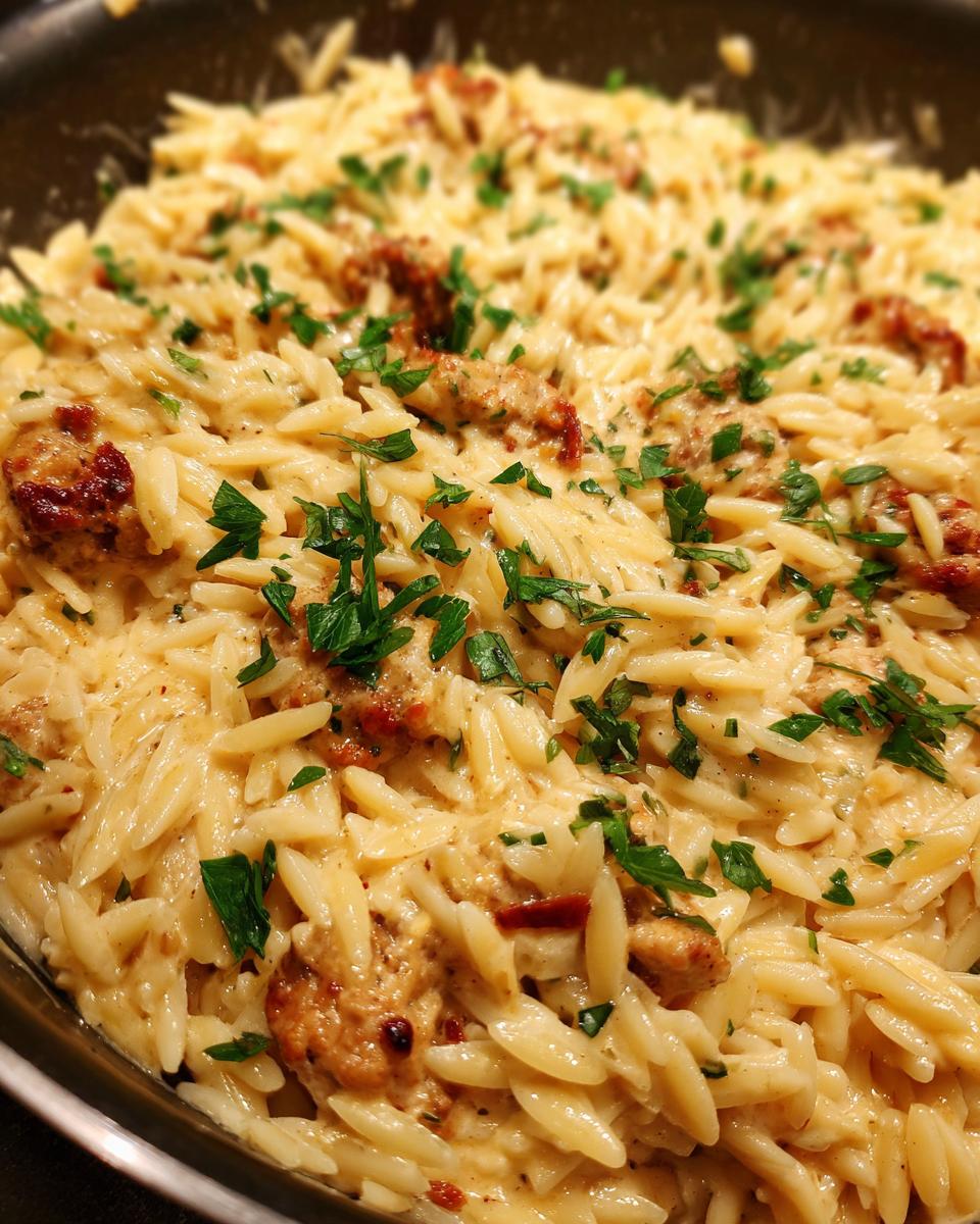 Close-up of a pan filled with Creamy Chicken Sausage Orzo, garnished with fresh parsley.