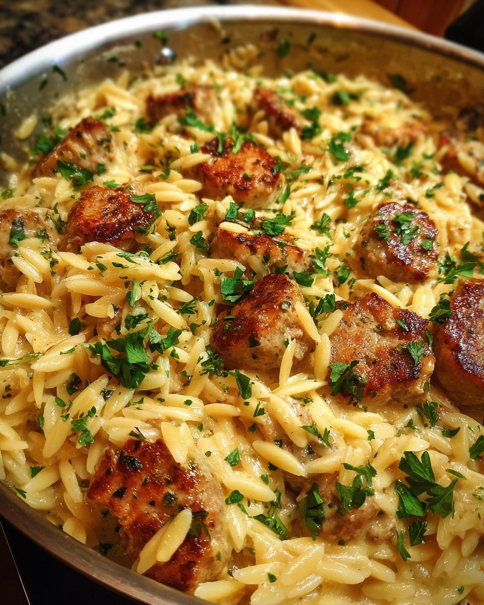 Close-up of Creamy Chicken Sausage Orzo garnished with fresh parsley in a skillet.