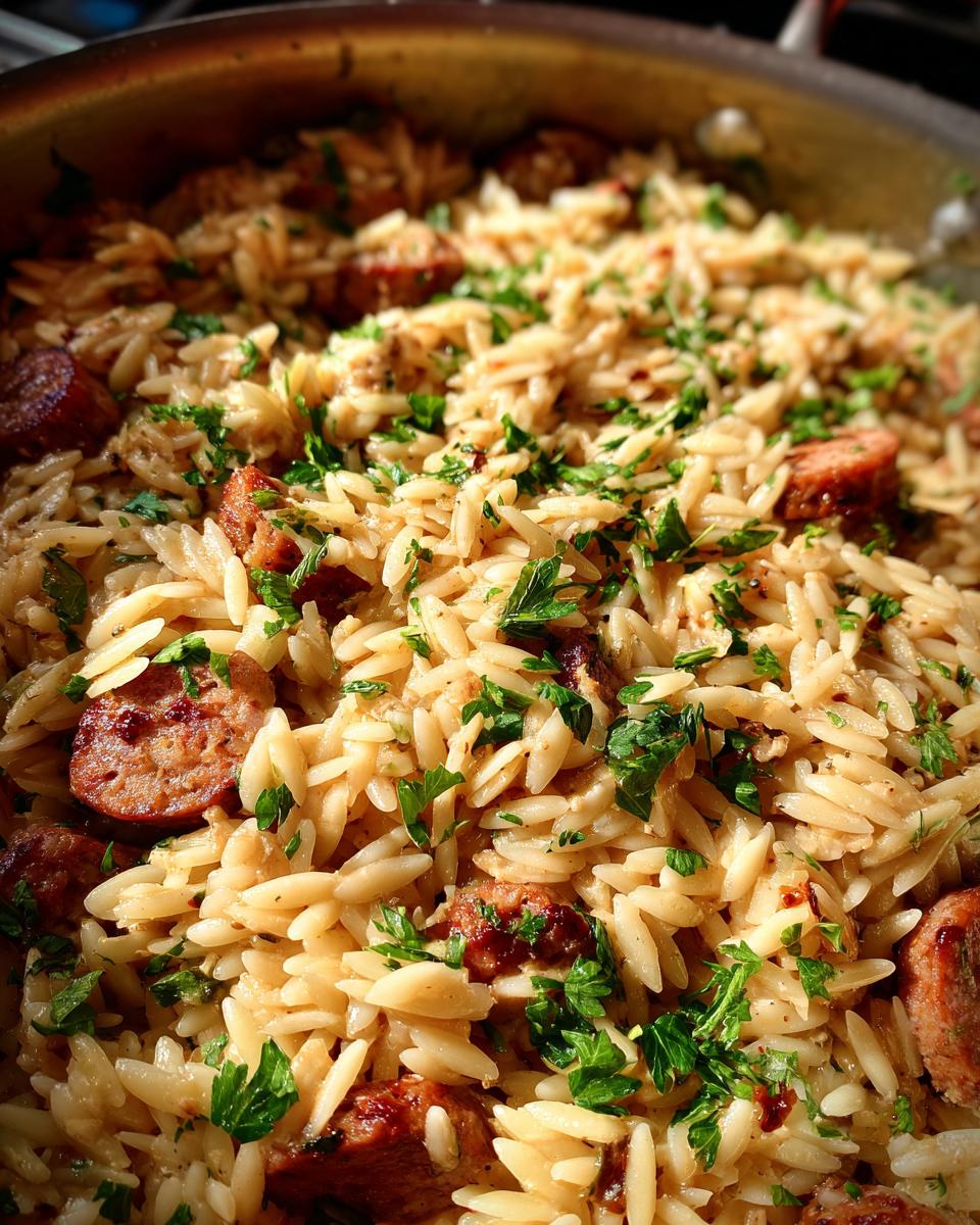 A close-up of creamy chicken sausage orzo, garnished with fresh parsley, in a pan.