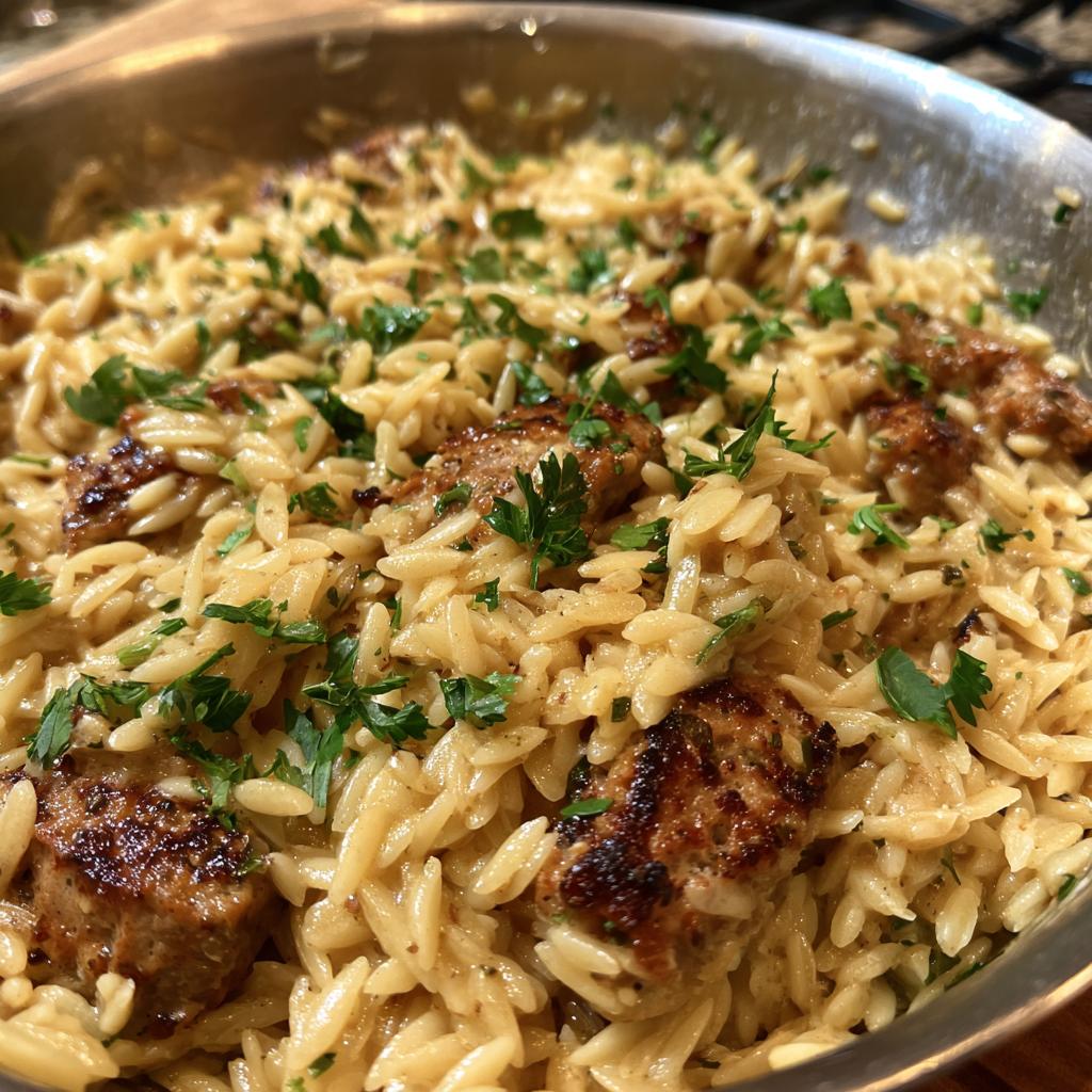 Close-up of a skillet filled with creamy chicken sausage orzo, garnished with fresh parsley.