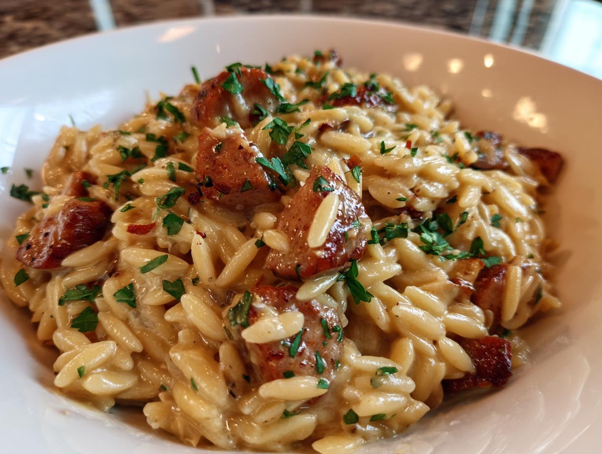 Close-up of a bowl of Creamy Chicken Sausage Orzo, garnished with fresh parsley.