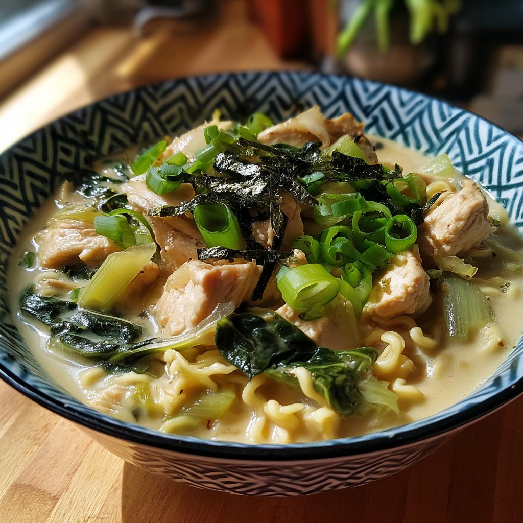 A steaming bowl of Creamy Garlic Chicken Ramen, featuring tender chicken, ramen noodles, greens, and nori.