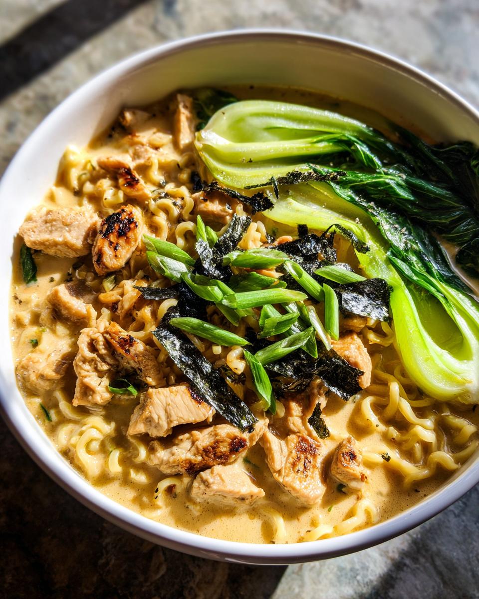 A close-up of a bowl of Creamy Garlic Chicken Ramen, featuring noodles, chicken, bok choy, and nori.