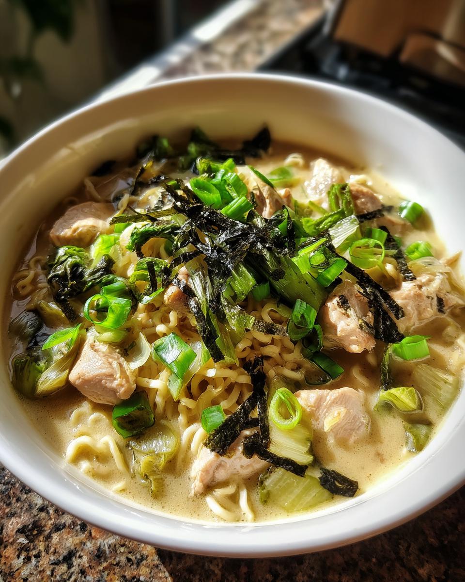 A close-up of a bowl of Creamy Garlic Chicken Ramen, featuring noodles, chicken, bok choy, and green onions.
