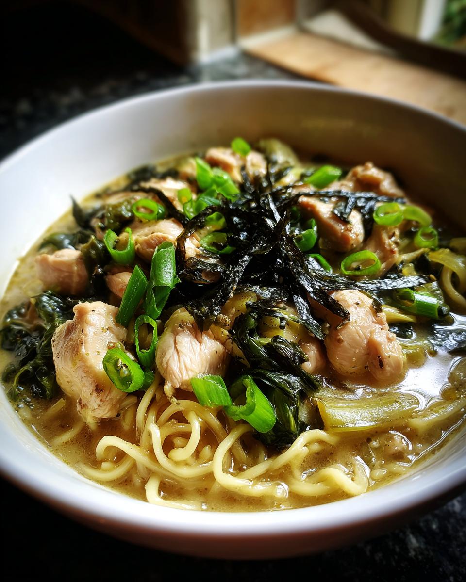 A close-up of a bowl of Creamy Garlic Chicken Ramen, featuring noodles, chicken pieces, greens, and nori.