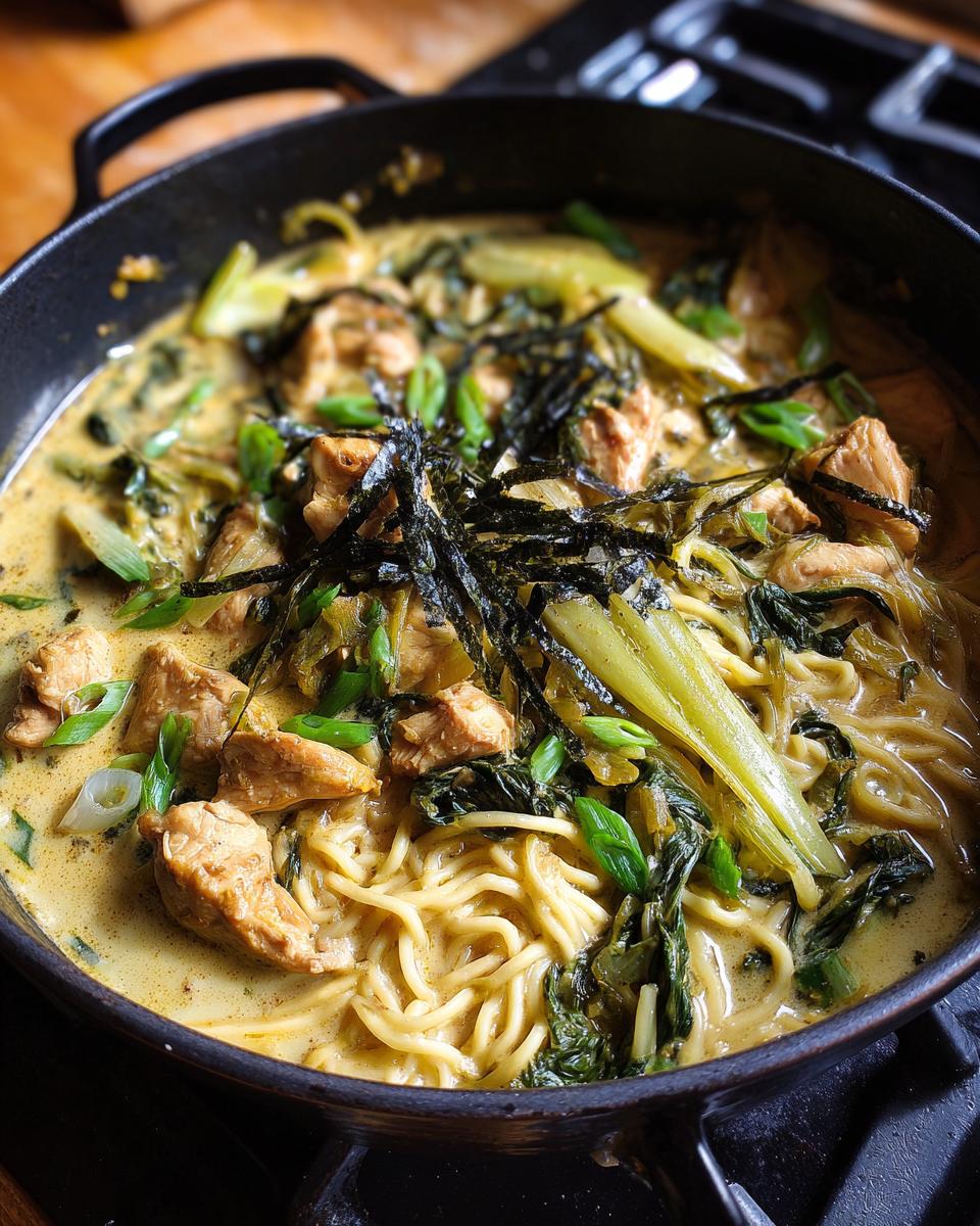 Close-up of a steaming bowl of Creamy Garlic Chicken Ramen, featuring noodles, chicken pieces, greens, and nori.