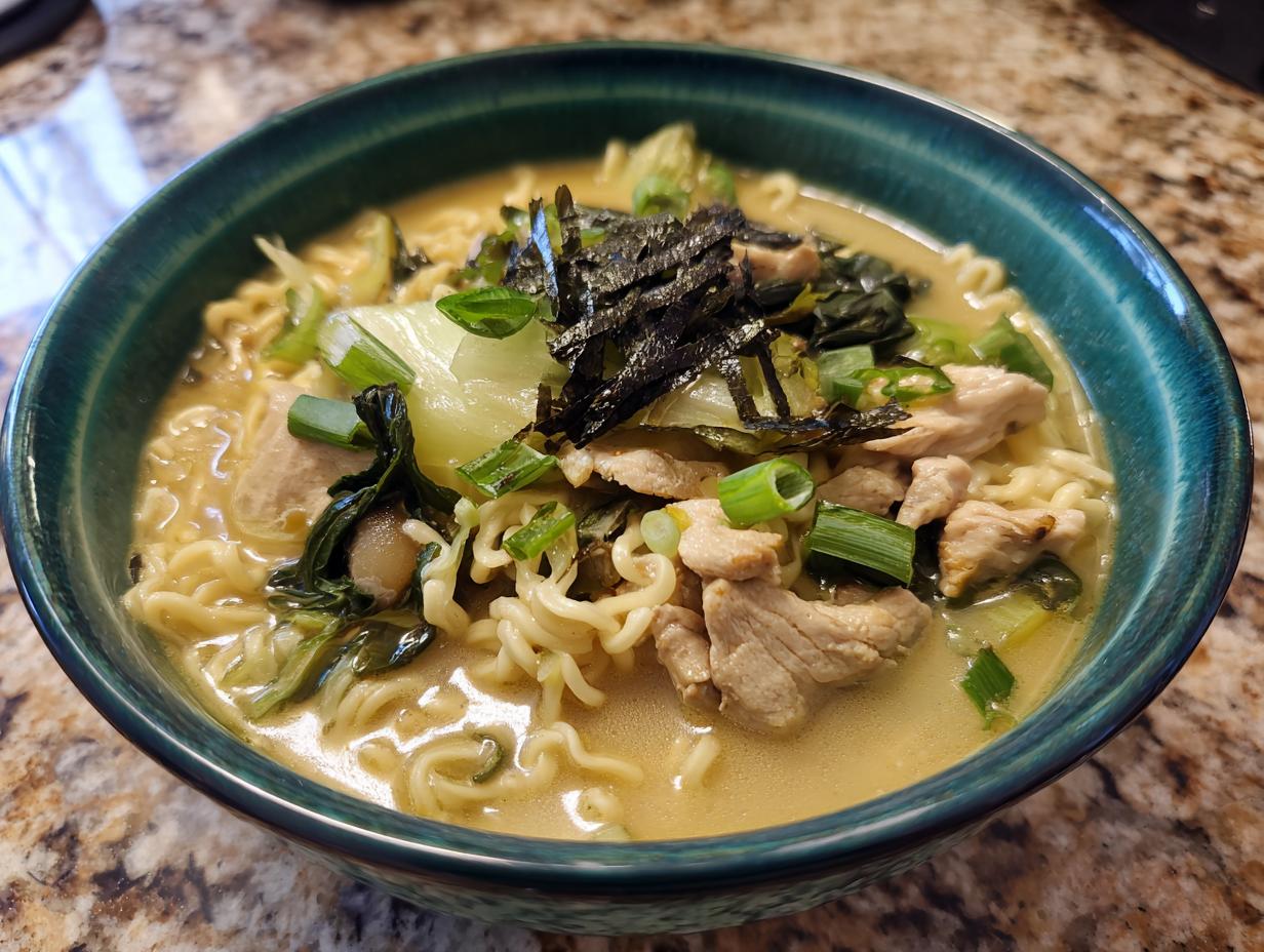 A close-up of a bowl of Creamy Garlic Chicken Ramen, featuring noodles, chicken pieces, bok choy, and nori.