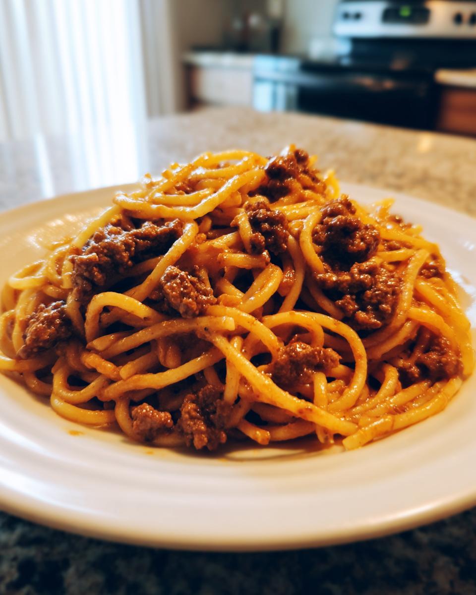 A close-up of a white plate filled with creamy high protein beef pasta, showing spaghetti coated in a rich sauce and ground beef.