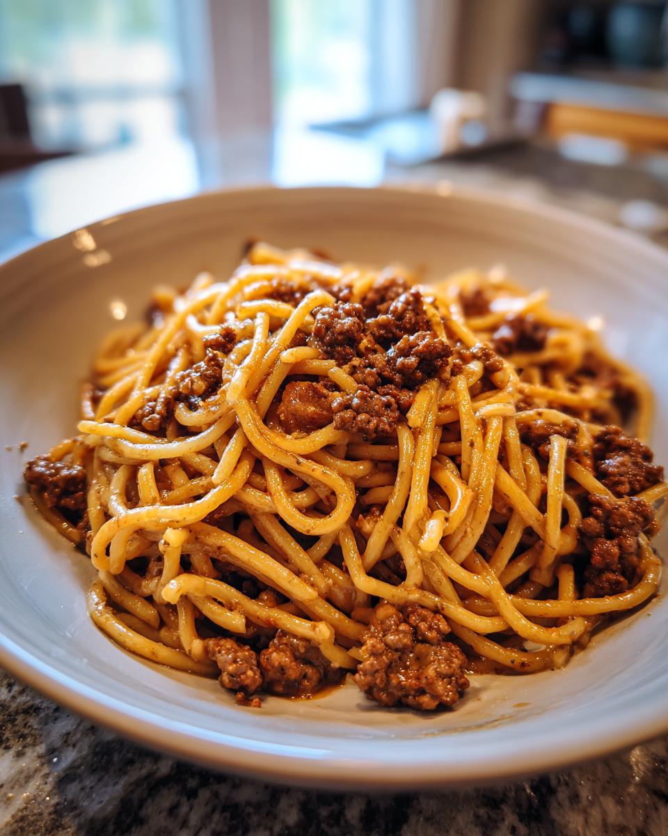 A close-up of a bowl of Creamy High Protein Beef Pasta, featuring spaghetti noodles coated in a rich sauce with seasoned ground beef.