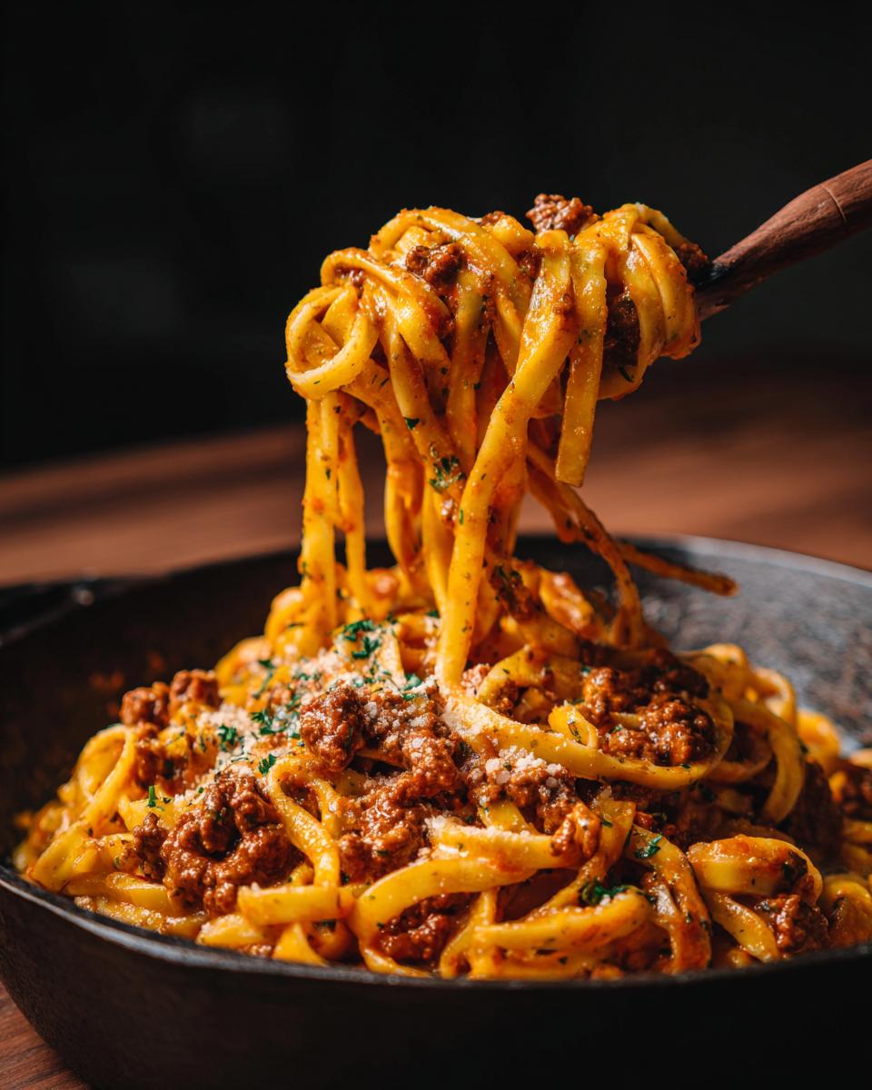 A close-up of creamy high protein beef pasta being lifted from a bowl with a wooden utensil, garnished with parsley and cheese.