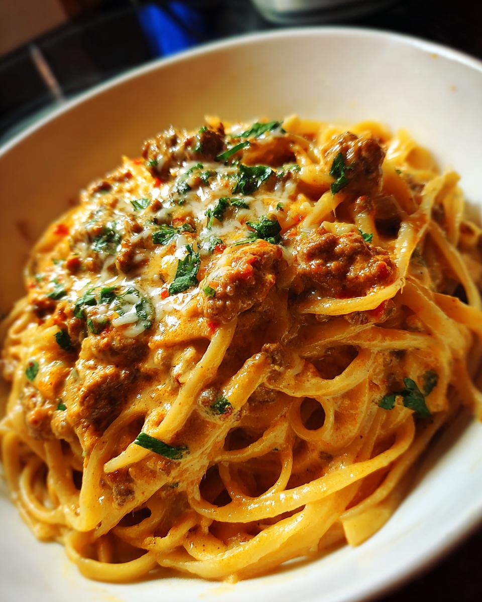 Close-up of a bowl of Creamy High Protein Beef Pasta, with linguine noodles coated in a rich sauce and topped with ground beef and parsley.