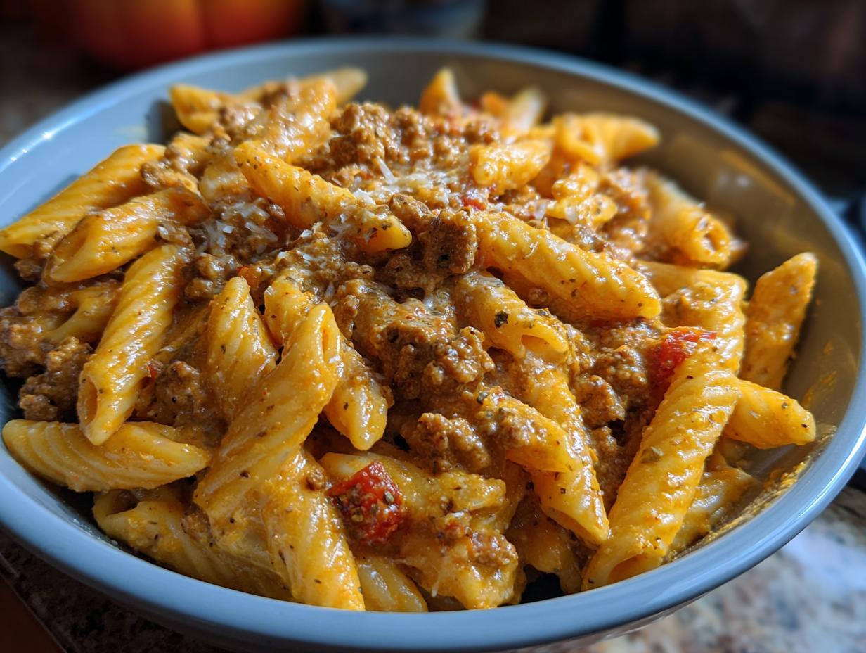 A close-up of a bowl filled with creamy high protein beef pasta, featuring penne noodles coated in a rich sauce with ground beef.