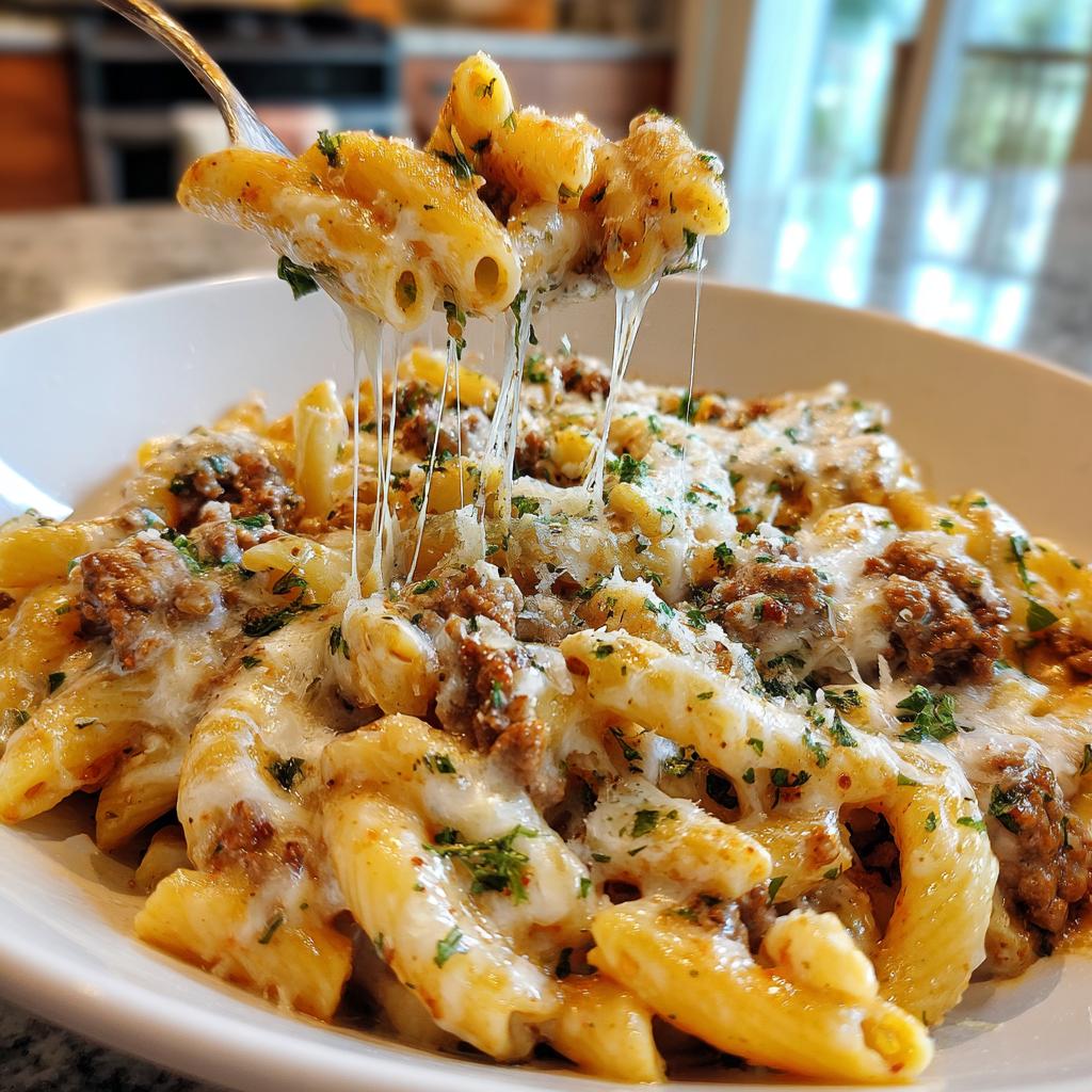 A fork lifting a portion of Creamy High Protein Beef Pasta, showing strings of melted cheese.
