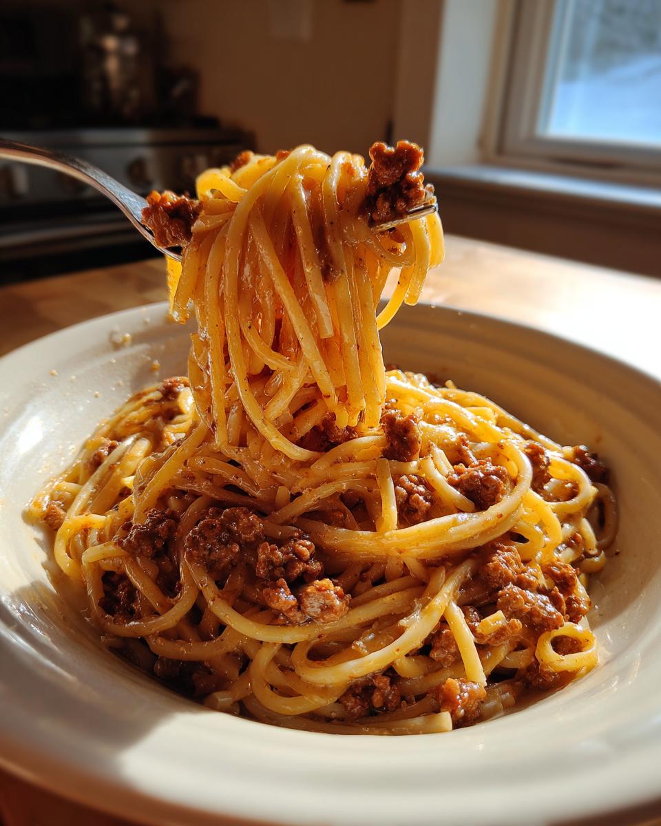 A fork lifts a generous portion of Creamy High Protein Beef Pasta from a bowl, showing strands coated in sauce and minced beef.