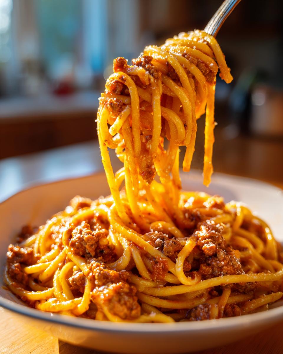 A fork twirling a generous portion of Creamy High Protein Beef Pasta, coated in rich meat sauce.