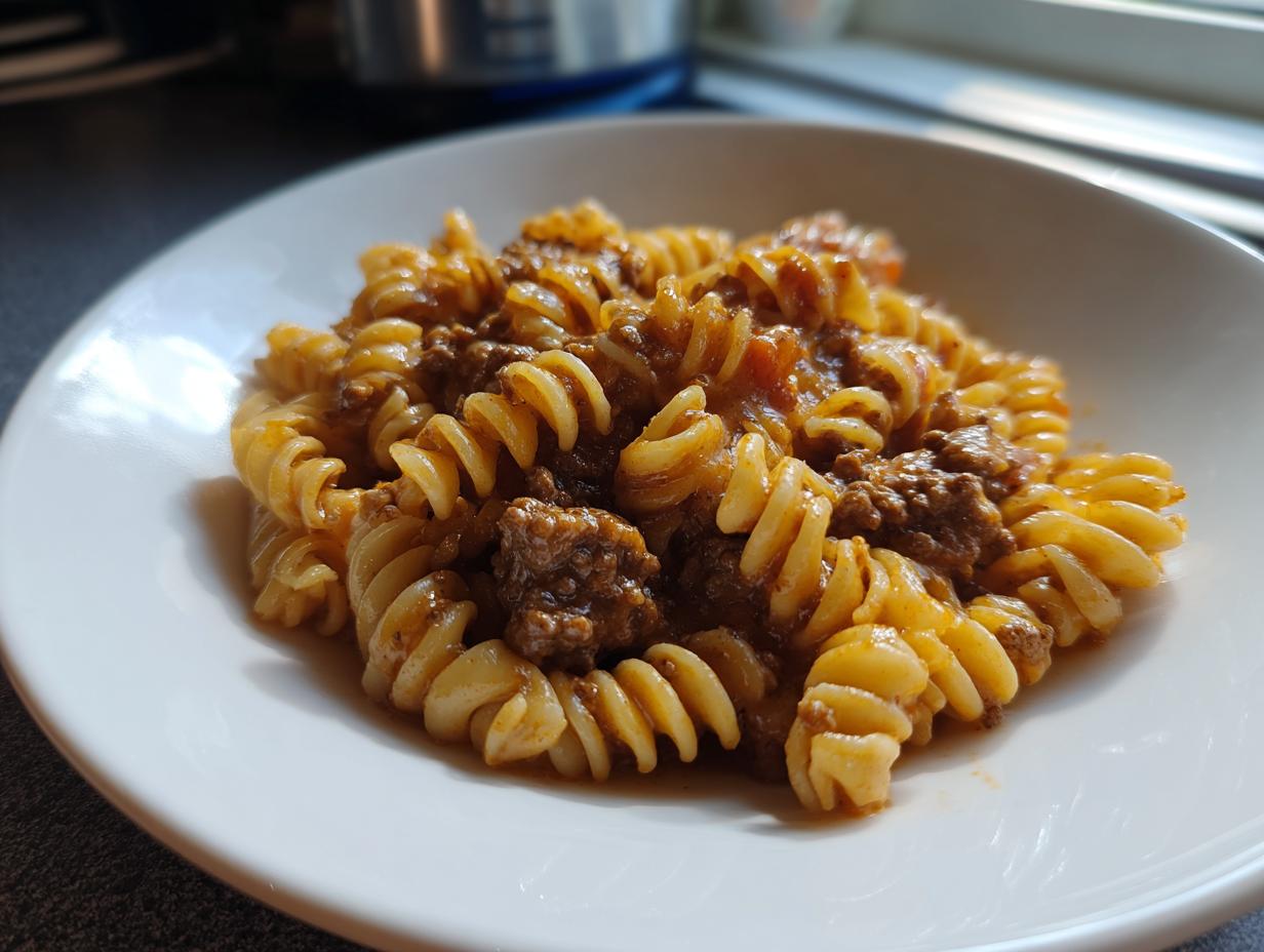 A close-up of a white bowl filled with creamy high protein beef pasta, featuring fusilli noodles and a rich meat sauce.