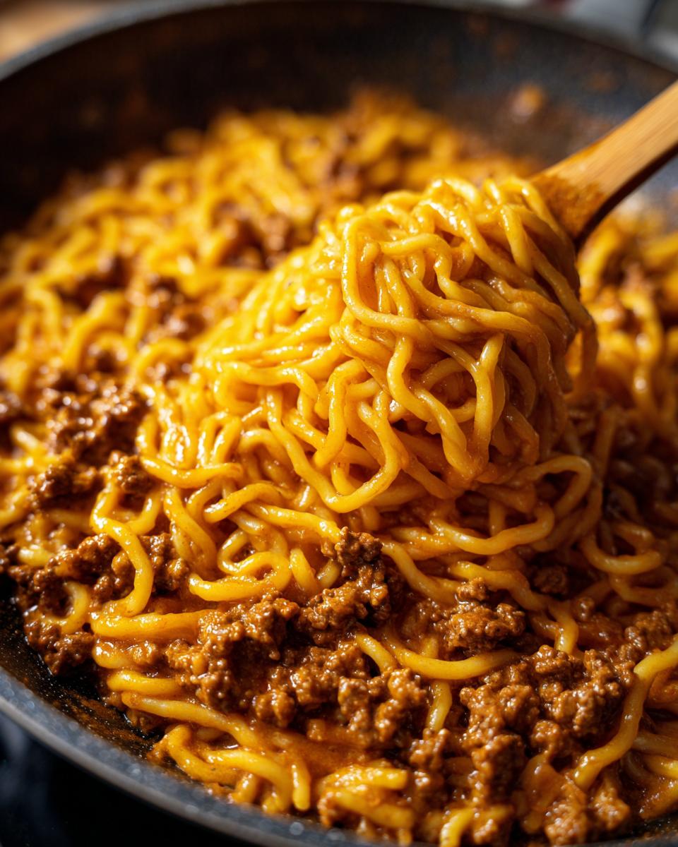 Close-up of a wooden spoon scooping creamy high protein beef pasta from a skillet.
