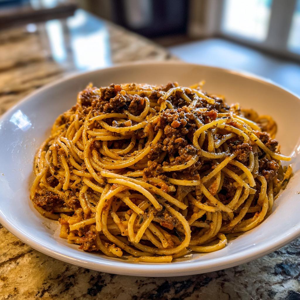 A close-up of a bowl of Creamy High Protein Beef Pasta, showing spaghetti coated in a rich meat sauce.