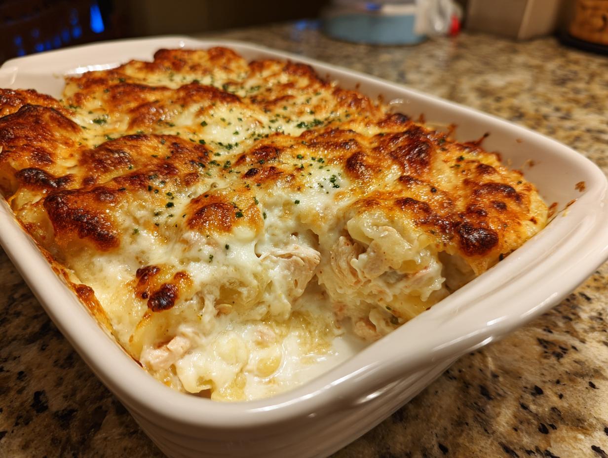 A close-up of a Creamy Low Carb Chicken Casserole baked in a white dish, topped with bubbly, golden-brown cheese and sprinkled with parsley.