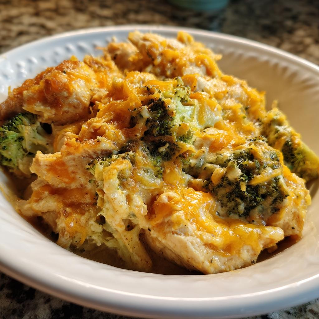 A close-up of a serving of Creamy Low Carb Chicken Casserole, featuring tender chicken, broccoli florets, and melted cheddar cheese.