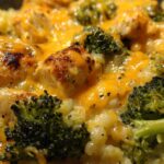 Close-up of a delicious Creamy Low Carb Chicken Casserole, featuring tender chicken pieces, broccoli florets, and melted cheddar cheese.