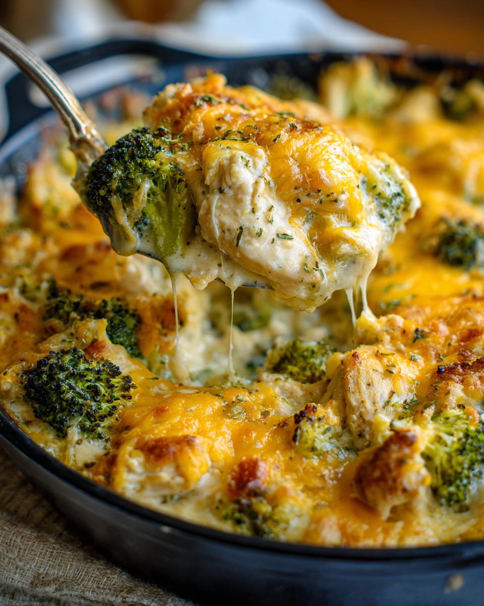 A spoonful of creamy low carb chicken casserole with broccoli and melted cheese.