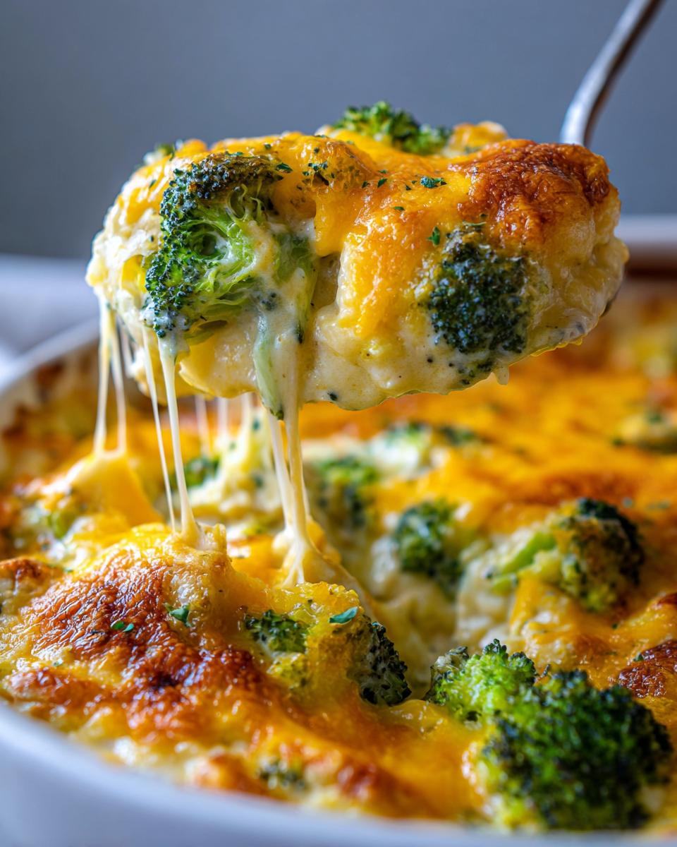 A spoonful of Creamy Low Carb Chicken Casserole with melted cheese and broccoli florets.