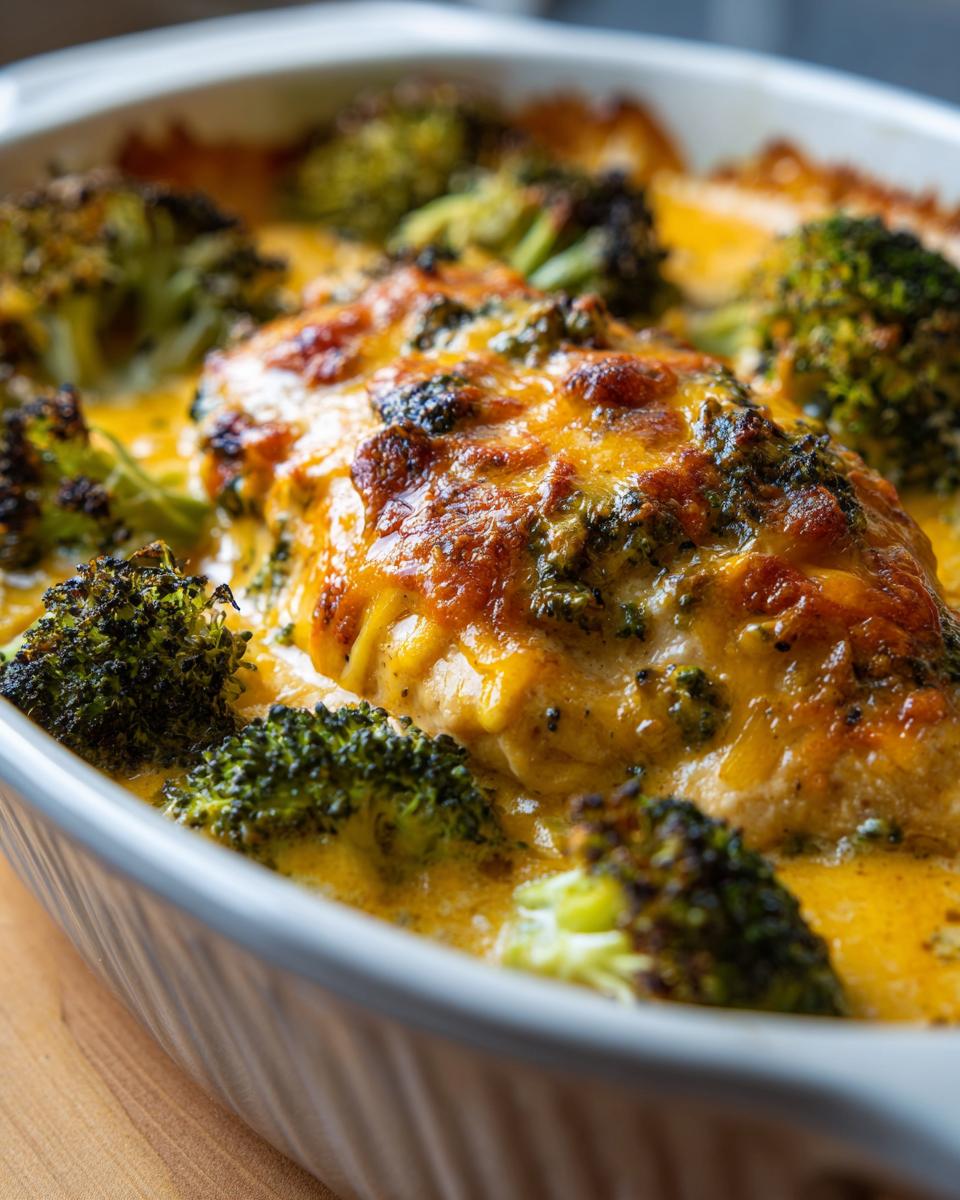 A close-up of a Creamy Low Carb Chicken Casserole baked in a white dish, featuring chicken breasts topped with melted cheese and roasted broccoli florets.
