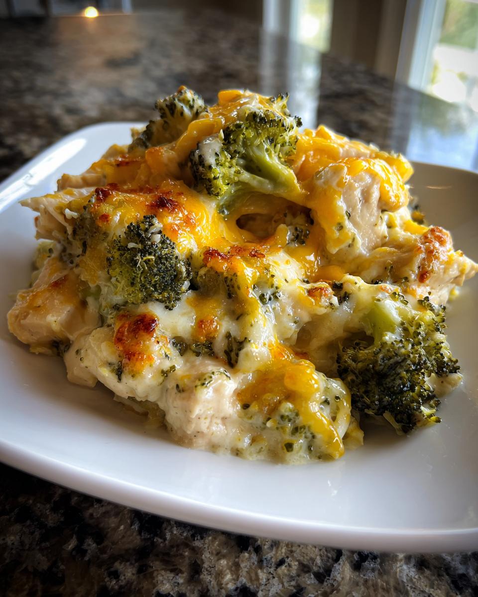 A serving of Creamy Low Carb Chicken Casserole with tender chicken, broccoli florets, and melted cheddar cheese.