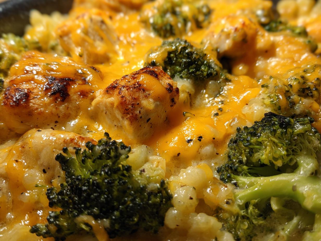 Close-up of a delicious Creamy Low Carb Chicken Casserole, featuring tender chicken pieces, broccoli florets, and melted cheddar cheese.