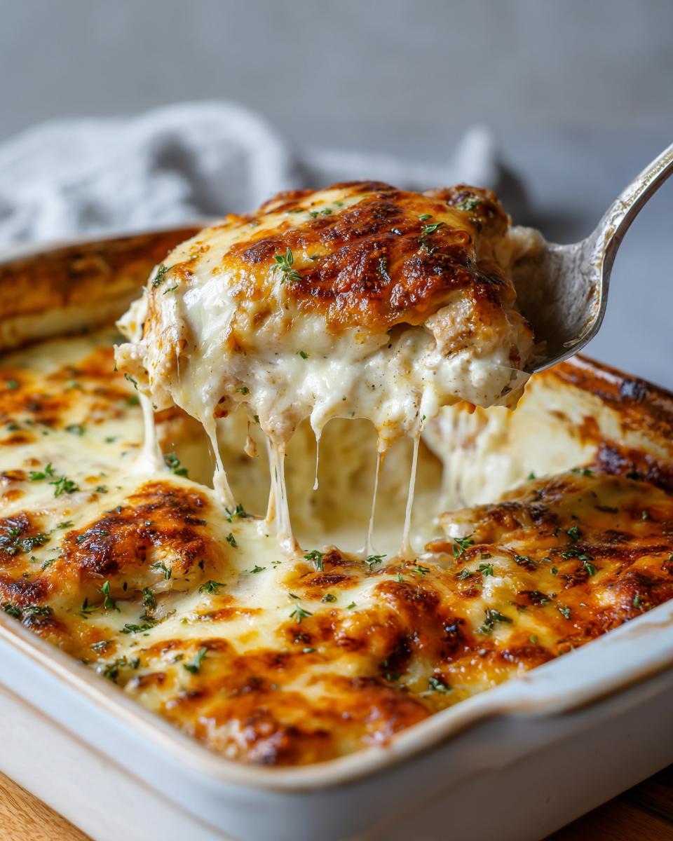 A serving spoon lifts a cheesy portion of Creamy Low Carb Chicken Casserole, showing gooey cheese strings.