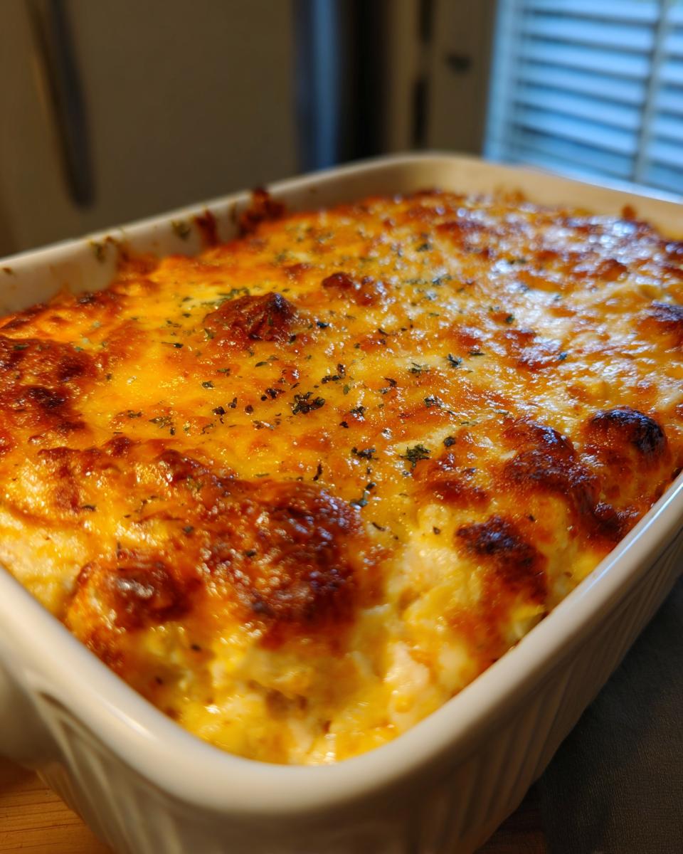 A close-up of a bubbly, golden-brown cheese topping on a Creamy Low Carb Chicken Casserole in a white baking dish.