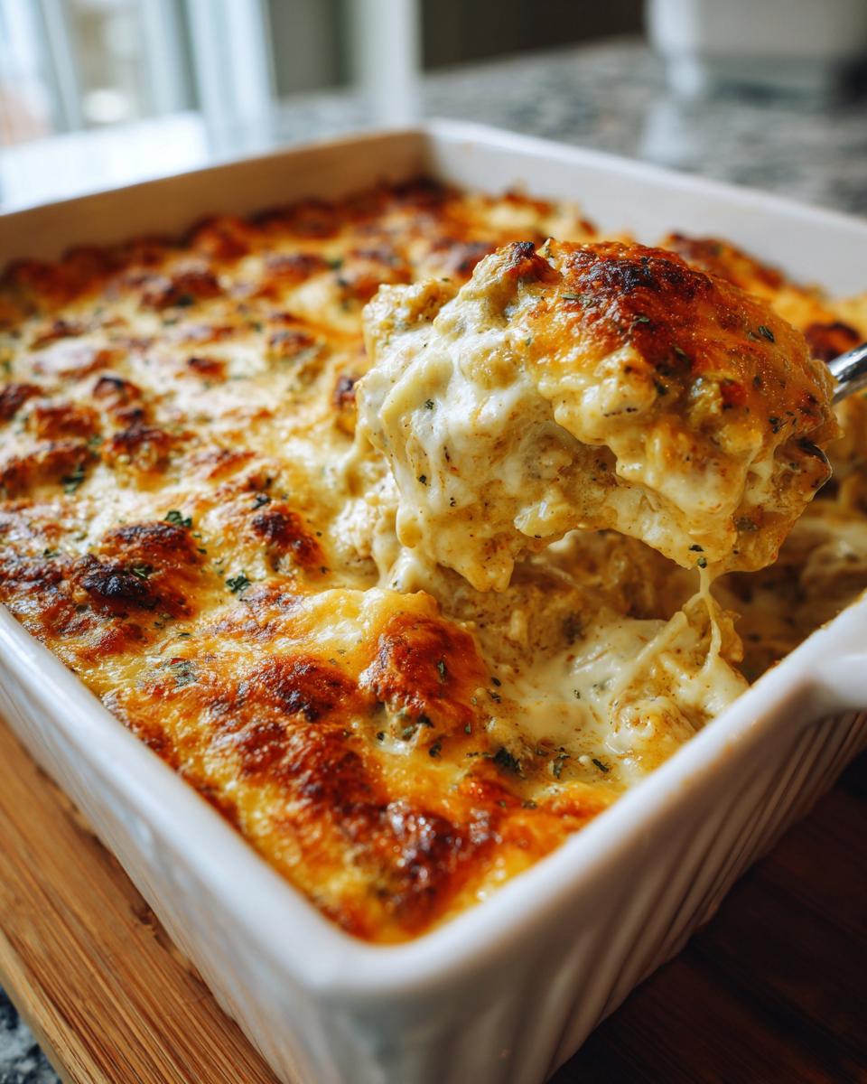 A spoonful of creamy low carb chicken casserole being lifted from a white baking dish, showing melted cheese and herbs.