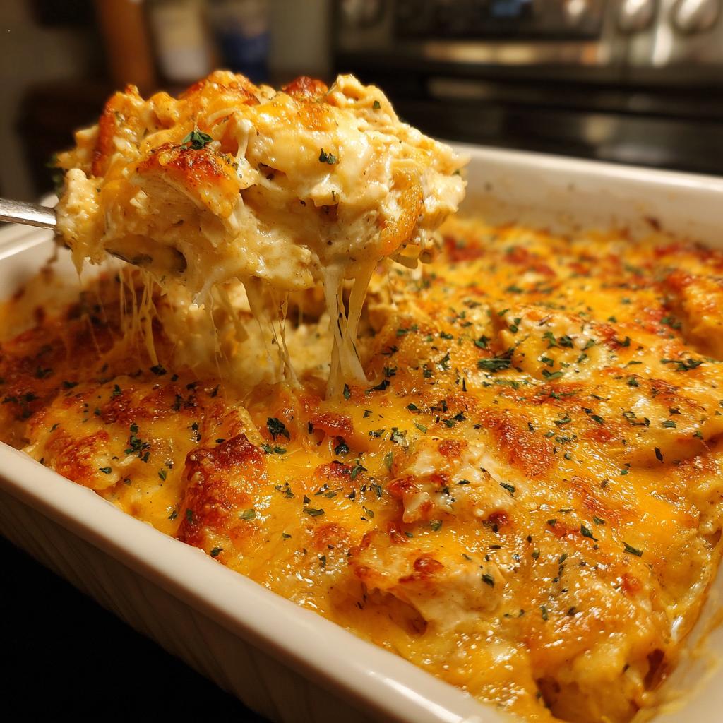 A spoonful lifting a cheesy, creamy portion of low carb chicken casserole from a baking dish.