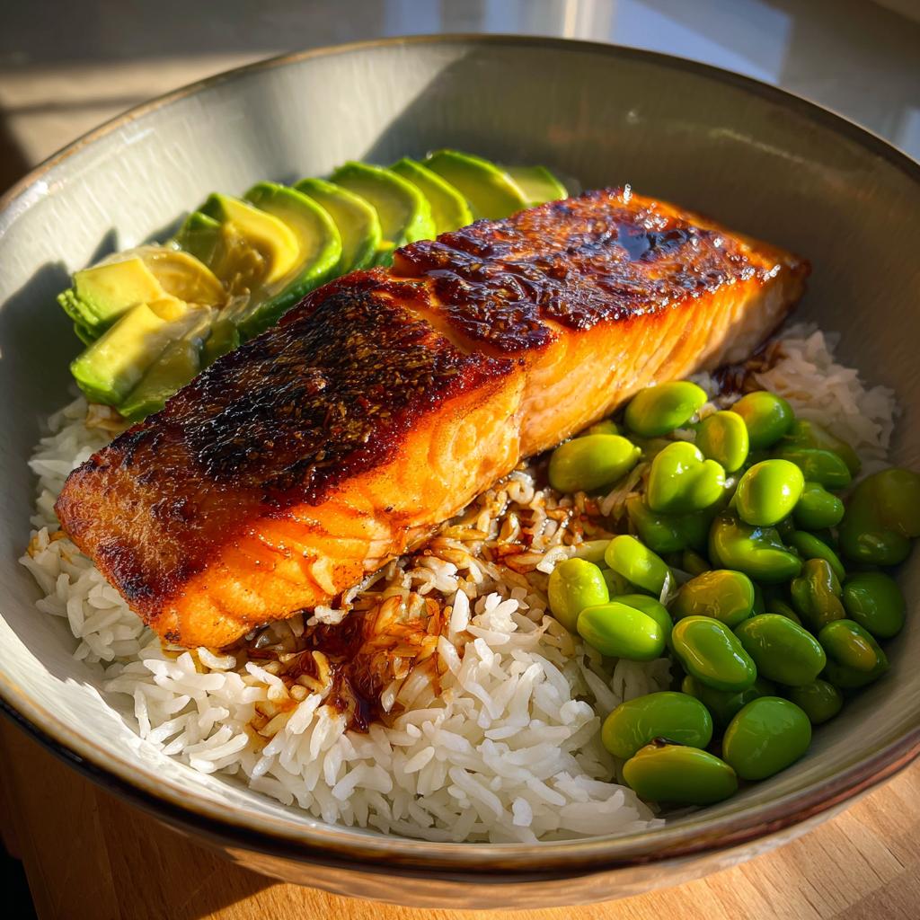 A delicious Crispy Salmon and Rice Bowl with sliced avocado and edamame.
