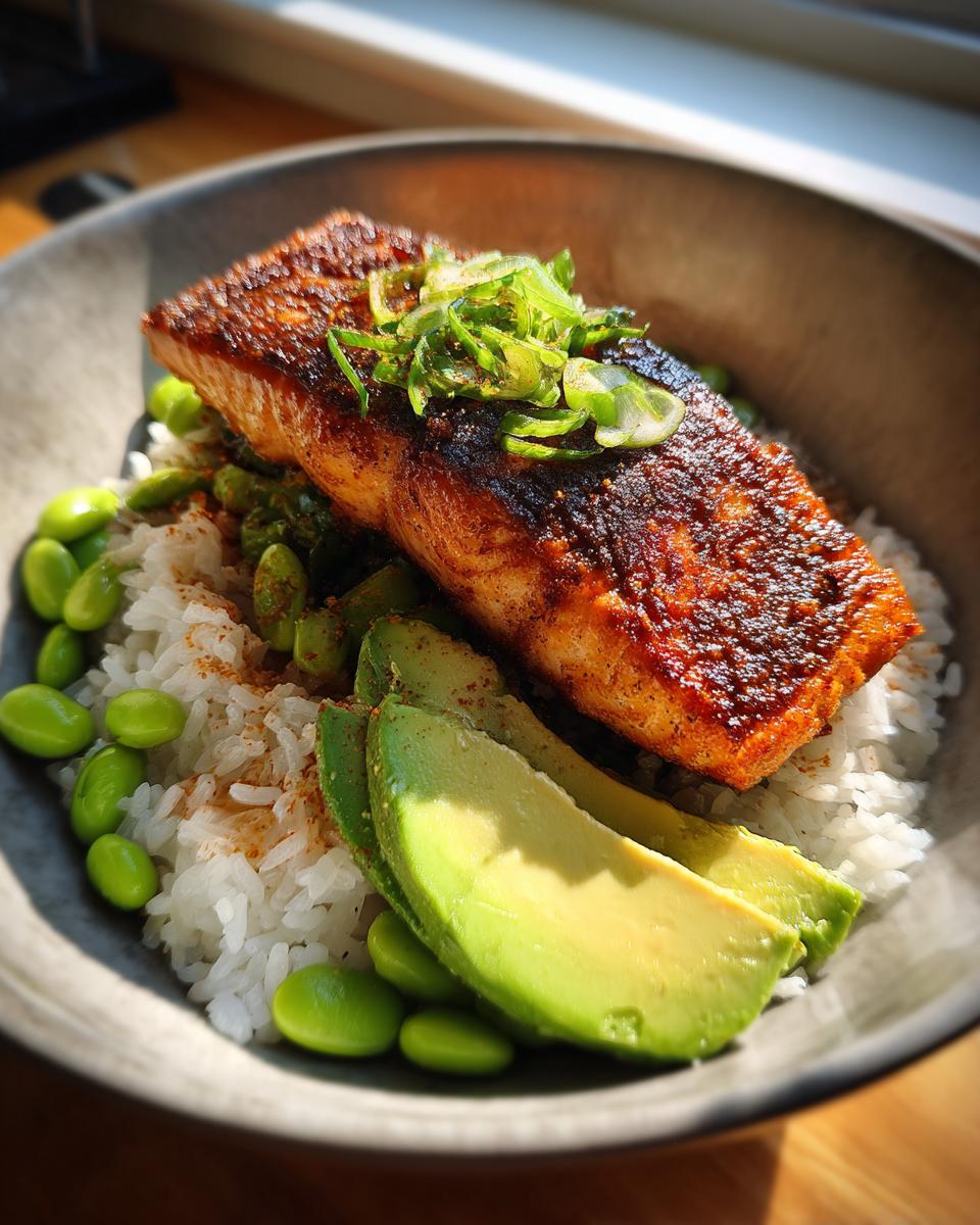 A delicious Crispy Salmon and Rice Bowl topped with sliced avocado and edamame.