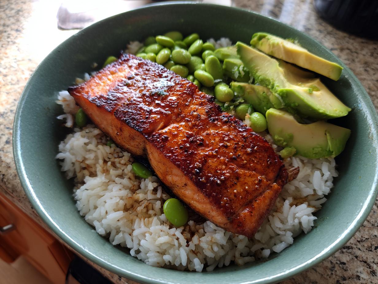 A close-up of a Crispy Salmon and Rice Bowl featuring a perfectly cooked salmon fillet, fluffy white rice, edamame, and sliced avocado.