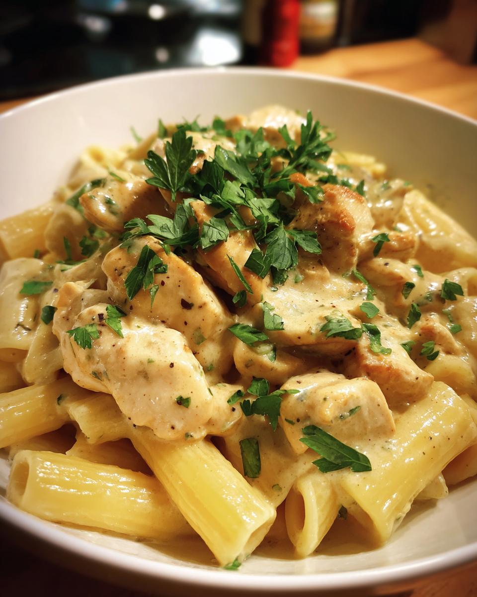 A close-up of Crock Pot Creamy Cajun Chicken Pasta, featuring rigatoni pasta coated in a rich, creamy sauce with tender chicken pieces and fresh parsley.