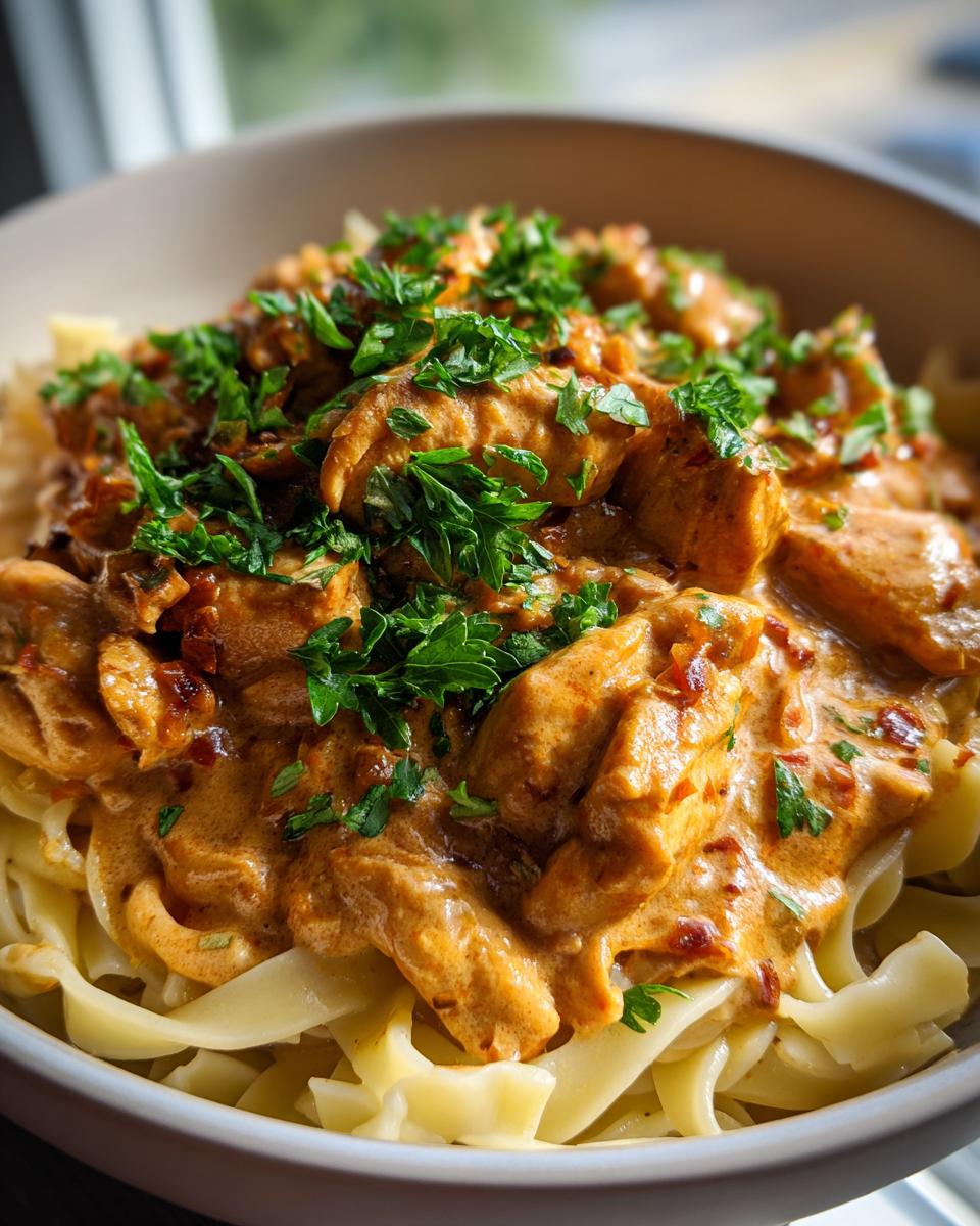 A close-up of Crock Pot Creamy Cajun Chicken Pasta with tender chicken pieces in a rich sauce served over egg noodles and garnished with fresh parsley.
