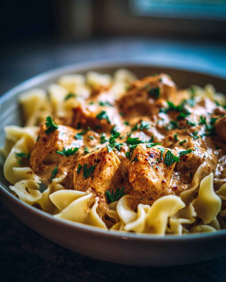 Close-up of Crock Pot Creamy Cajun Chicken Pasta served over egg noodles and garnished with fresh parsley.