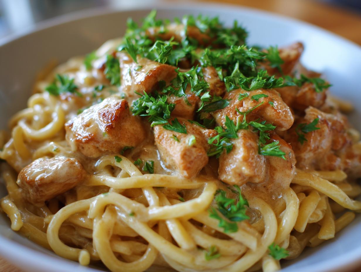 A close-up of Crock Pot Creamy Cajun Chicken Pasta, featuring pasta coated in a rich sauce with tender chicken pieces and fresh parsley garnish.