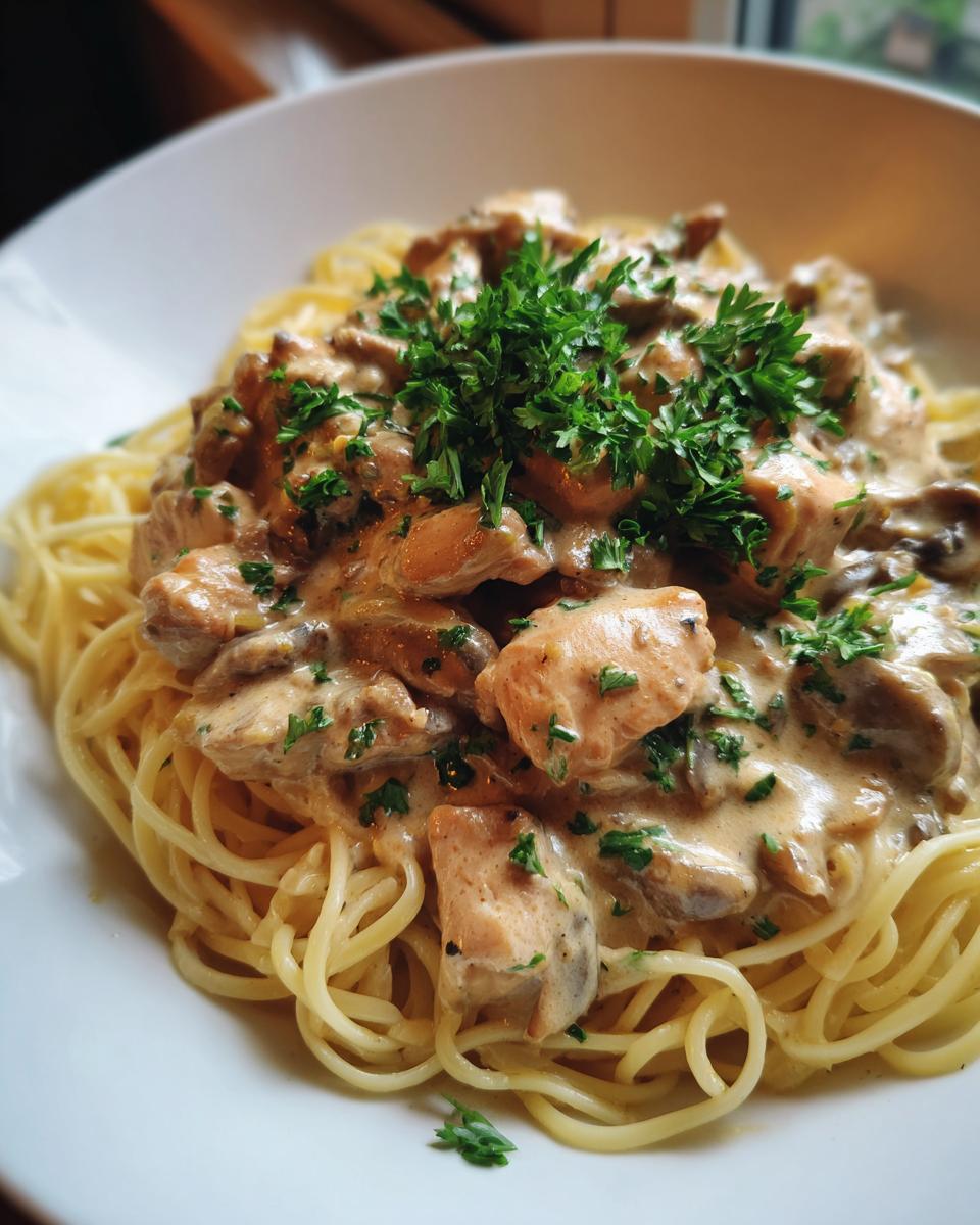 A bowl of spaghetti topped with creamy Cajun chicken and mushroom sauce, garnished with fresh parsley.