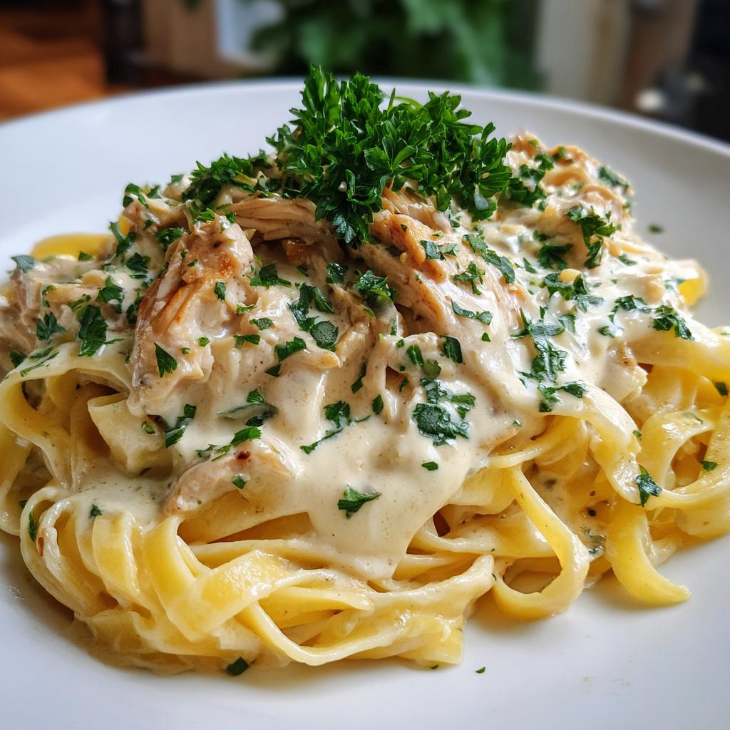 A plate of Crock Pot Creamy Cajun Chicken Pasta with fettuccine noodles, shredded chicken, and a creamy sauce, topped with fresh parsley.