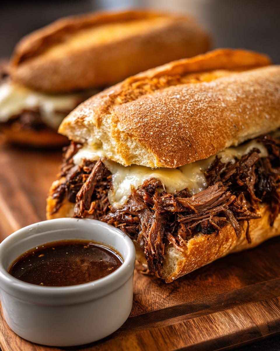 Close-up of a delicious Crockpot French Dip Sandwich overflowing with shredded beef and melted cheese, served with a side of au jus.