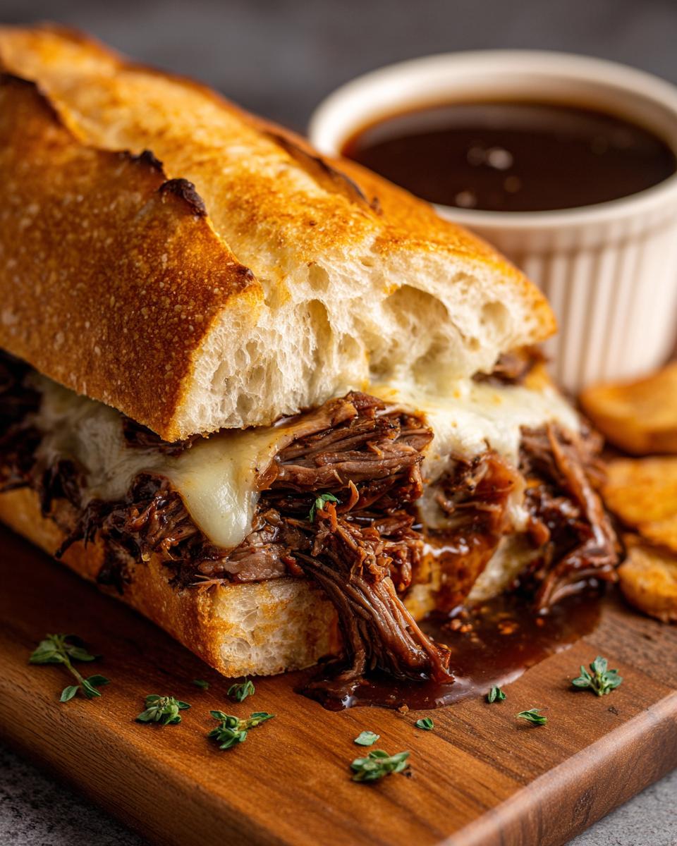 A close-up of a Crockpot French Dip Sandwich overflowing with tender shredded beef and melted cheese, served with a side of au jus.